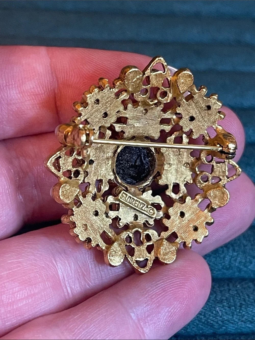 Vintage Florenza Victorian Revival Ornate Black & Faux Pearl Brooch